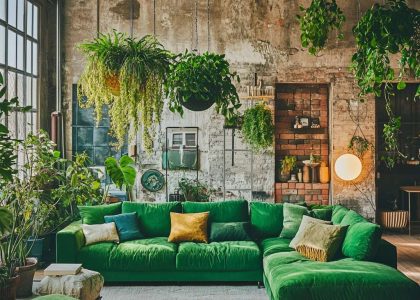 "Vibrant living room with green furniture, large hanging plants, a plant chandelier, minimalist decor, stylish sofa layout, and creative DIY lamp shade and brick projects, showcasing biophilic design."