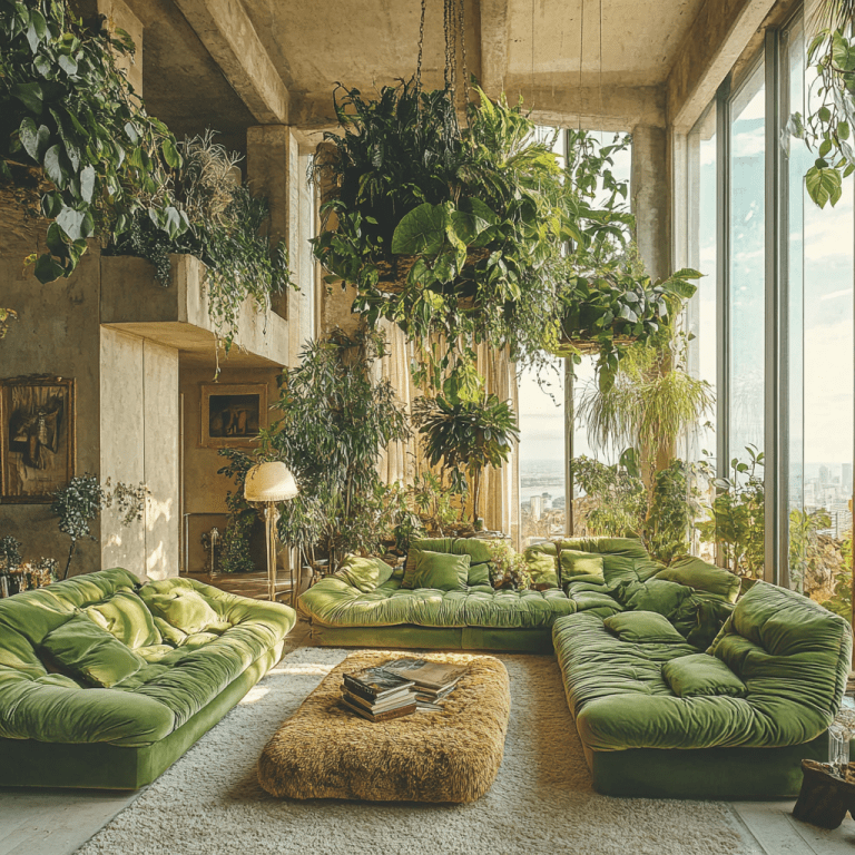 A vibrant living room featuring an abundance of green furniture and large hanging plants, showcasing a biophilic design with a plant chandelier, minimalist decor, a stylish sofa layout, and creative DIY elements like a lamp shade and brick projects.