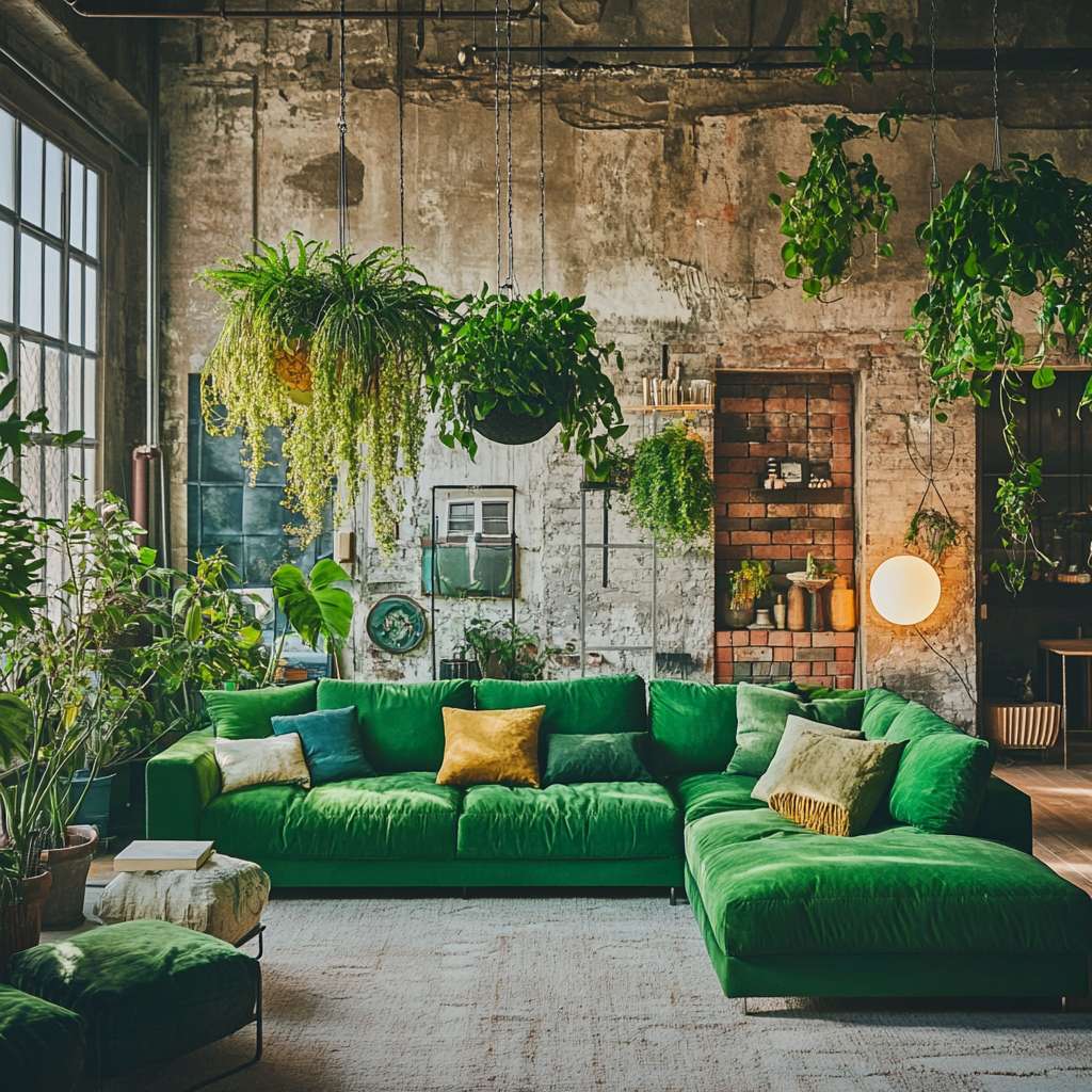 "Vibrant living room with green furniture, large hanging plants, a plant chandelier, minimalist decor, stylish sofa layout, and creative DIY lamp shade and brick projects, showcasing biophilic design."
